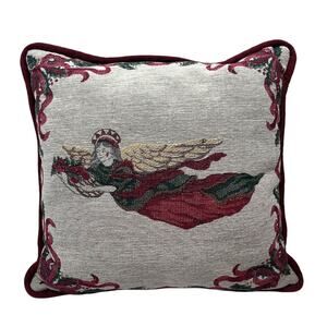 Vintage‎ Angel Tapestry Christmas Throw Pillow 16x16 Holly French Horn